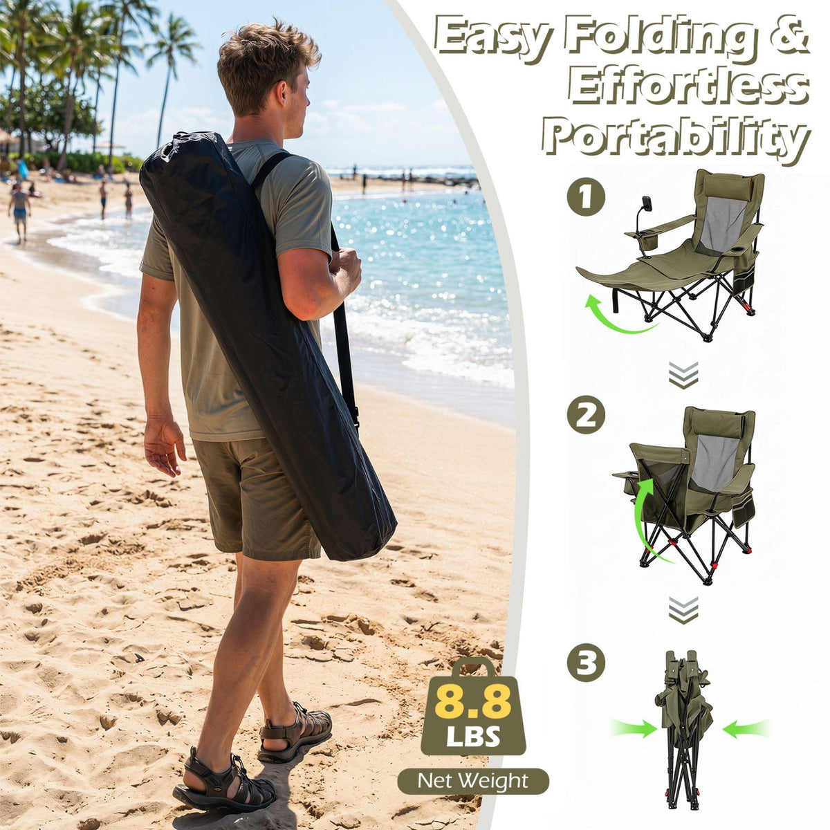 Reclining Camping Chair with Adjustable Backrest & Footrest