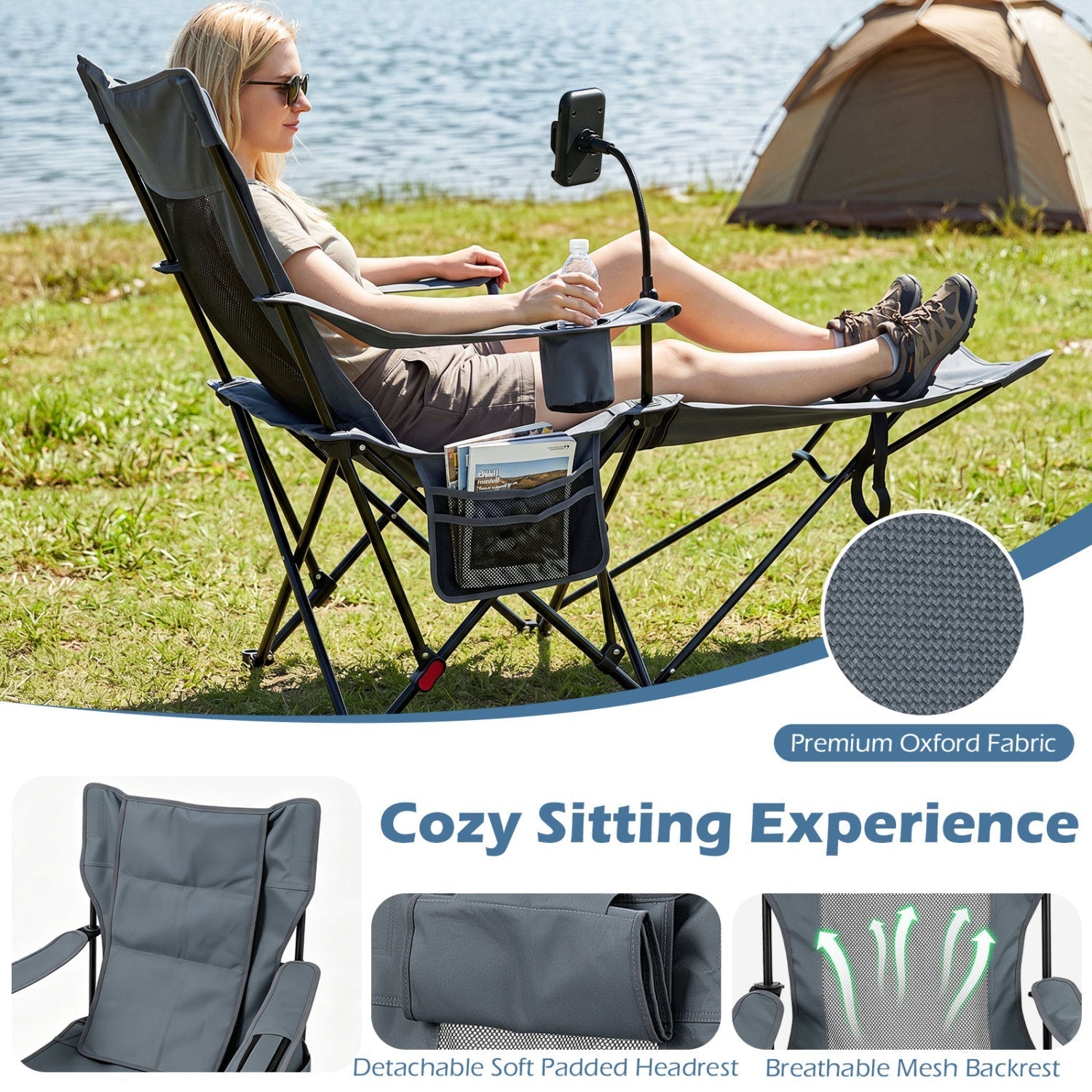 Reclining Camping Chair with Adjustable Backrest & Footrest