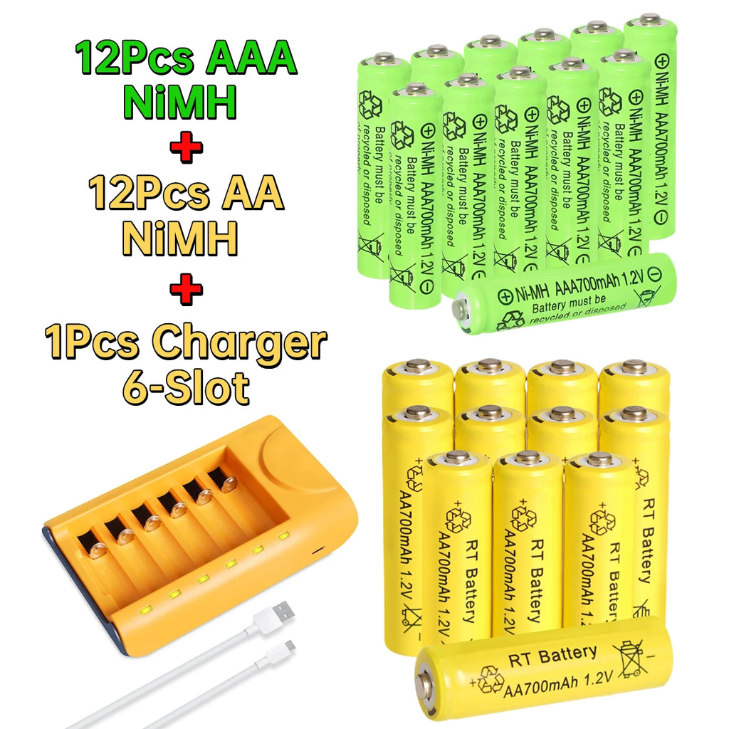 30pcs/24pcs/18pcs/12pcs/6pcs AA AAA NiMh 1.2V 700mah Rechargeable Battery Set with 6 Slot Charger
