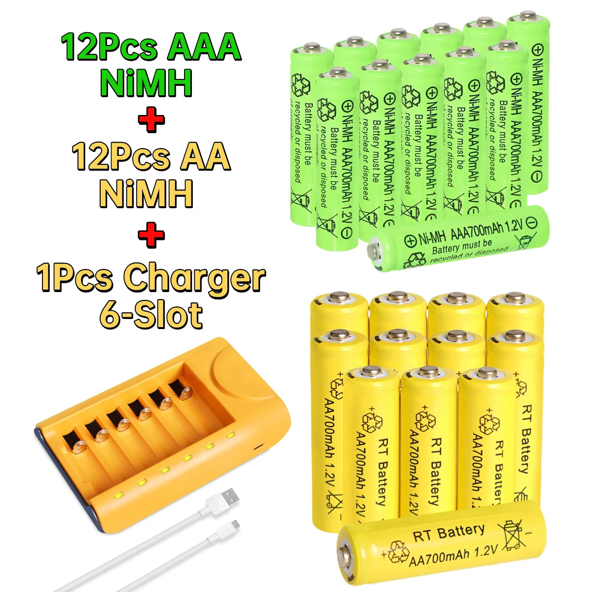 30pcs/24pcs/18pcs/12pcs/6pcs AA AAA NiMh 1.2V 700mah Rechargeable Battery Set with 6 Slot Charger