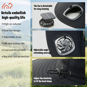 2-Fan Solar-Powered Sun Hat, USB Rechargeable, Adjustable Strap, Cool and Breathable, Efficient Battery Life, Large Airflow, Long Battery Life, Suitable for Various Outdoor Activities