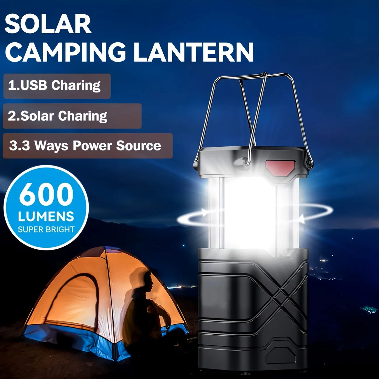 Solar Camping Lantern 2/4-Pack, Rechargeable LED with Flashlight, USB-C & Solar Powered, Collapsible for Outdoor, Emergency Use