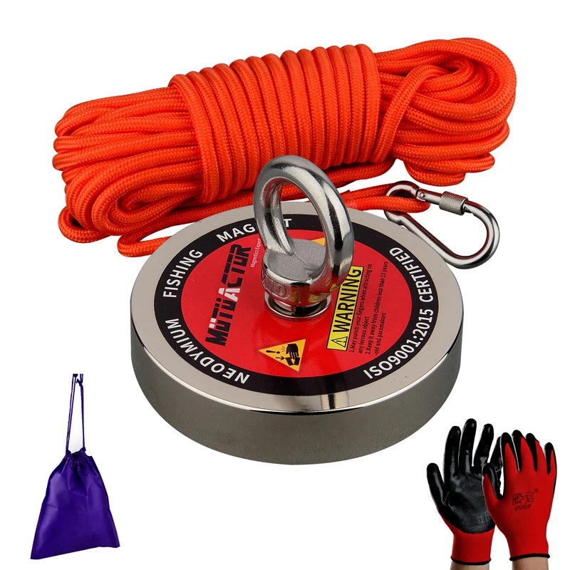 500KG Salvage Fishing Magnetic Stell Cup Holder Deep Sea Permanent Neodymium N52 Magnet With 15m Rope Gloves Bag