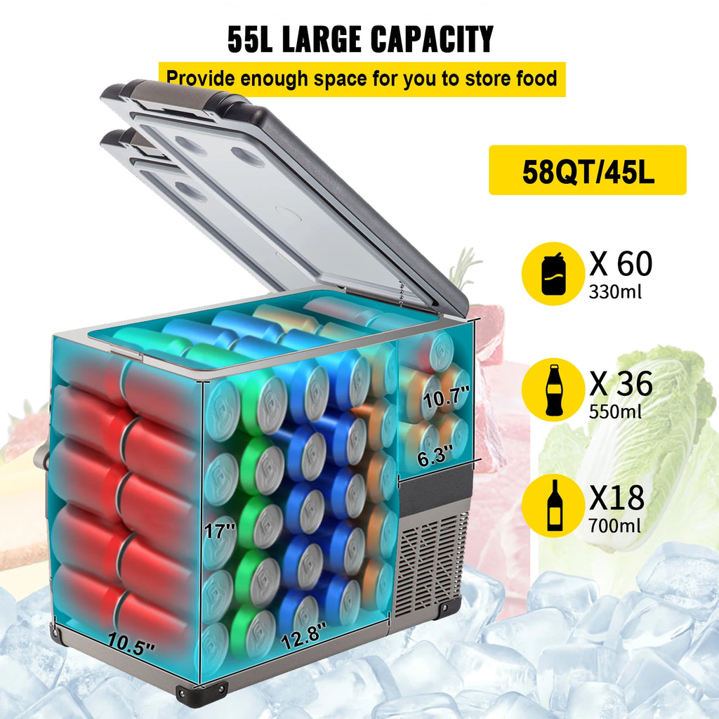 Portable Car Refrigerator, Mini Fridge With Freezer, With Built In Compressor Uses DC OR 110-240V, For Camping
