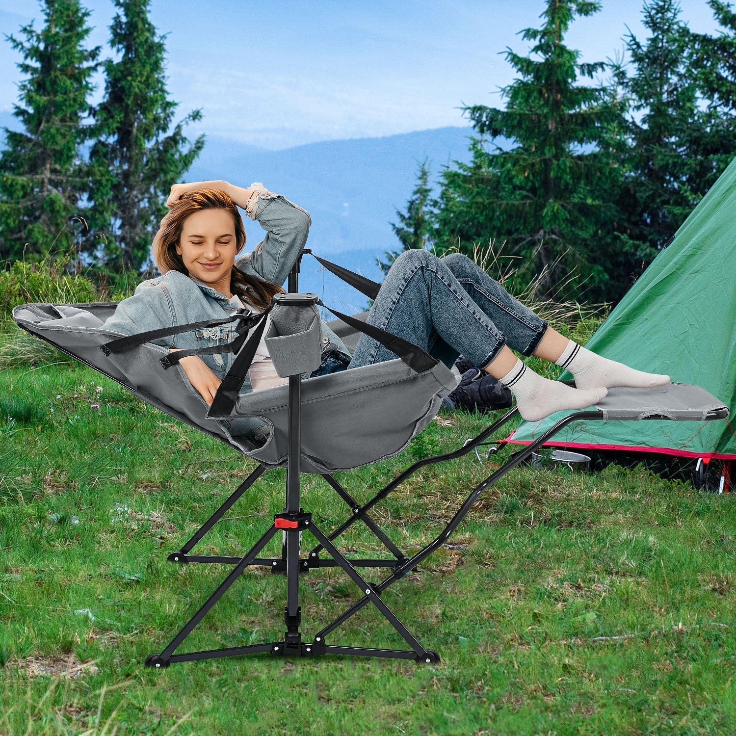 Ainfox Hammock Camping Chair with Footrest, Foldable Portable Rocking Chairs for Adults Outside Swinging Camp for Outdoor Patio Poolside