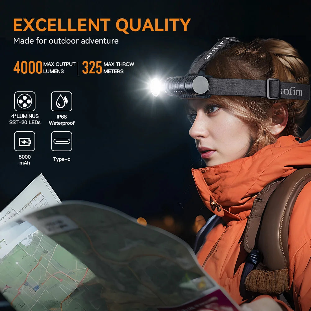 Headlamp 4000lm Spotlight Floodlight 21700 USB C Rechargeable Flashlight SST20 LED Powerful Torch with Magnet Tail