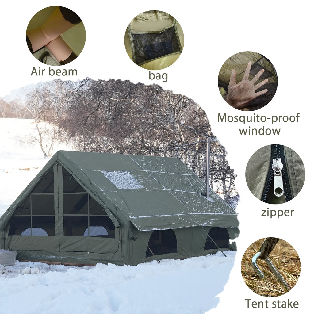 Large Luxury Inflatable Glamping Tent with Manual Hand Pump, Easy Setup 4 Season Anti-Snow Spacious Family Shelter, Weatherproof Air Tent for Outdoor Camping, Backyard Party & Wilderness Adventure