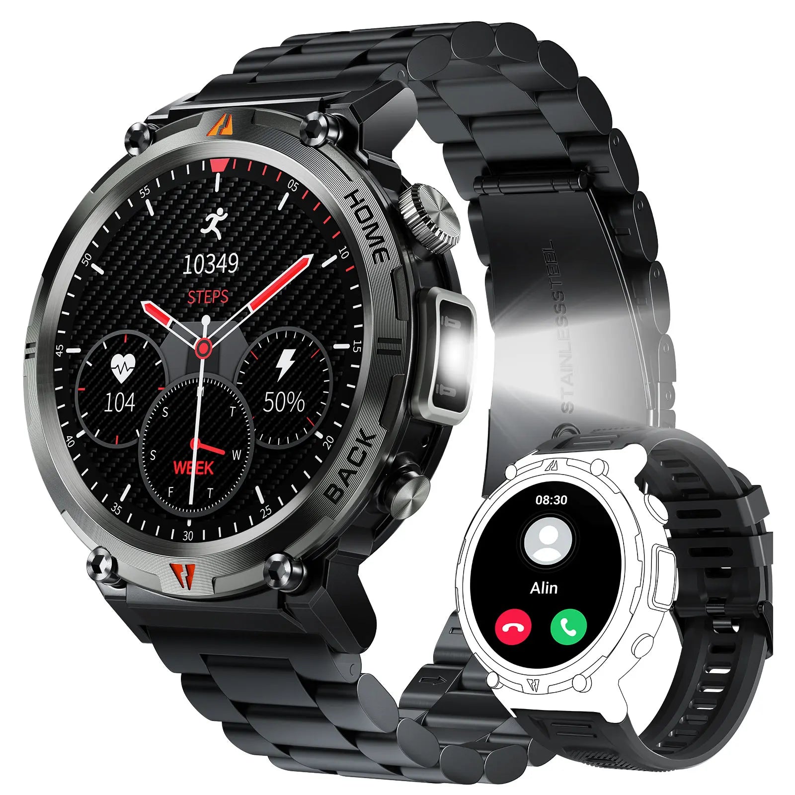 Smart Watch For Men With Bluetooth Calling & Full Touch Screen, Has Health Monitor For Heart Rate And Has Flashlight
