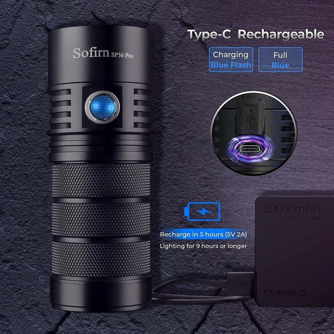8000 Lumen Powerful LED Flashlight  With 4 SST40 USB C Rechargeable Batteries