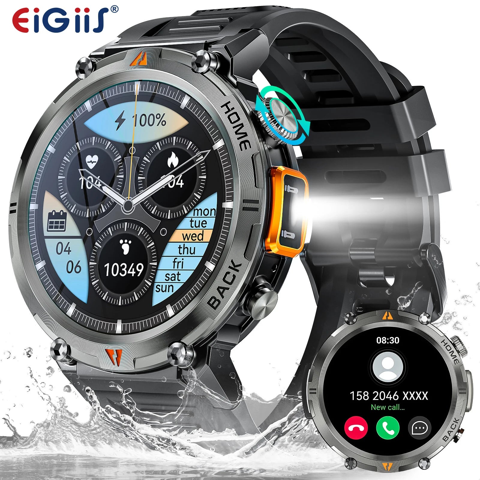 Smart Watch For Men With Bluetooth Calling & Full Touch Screen, Has Health Monitor For Heart Rate And Has Flashlight
