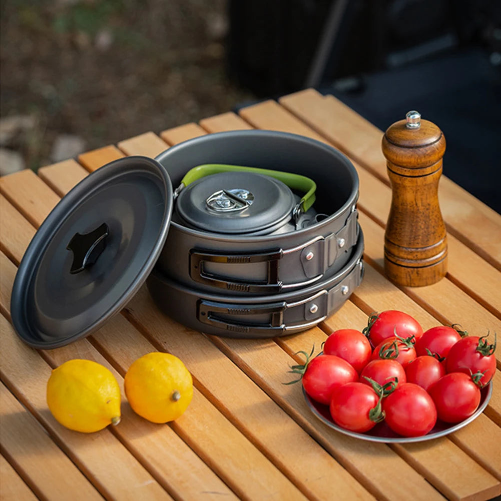 3PCS Cookware Set Pot Pan Kettle Set Portable Cooker Set For 2-3 Person With Mesh Bag For Camping Backpacking Outdoor Picnic