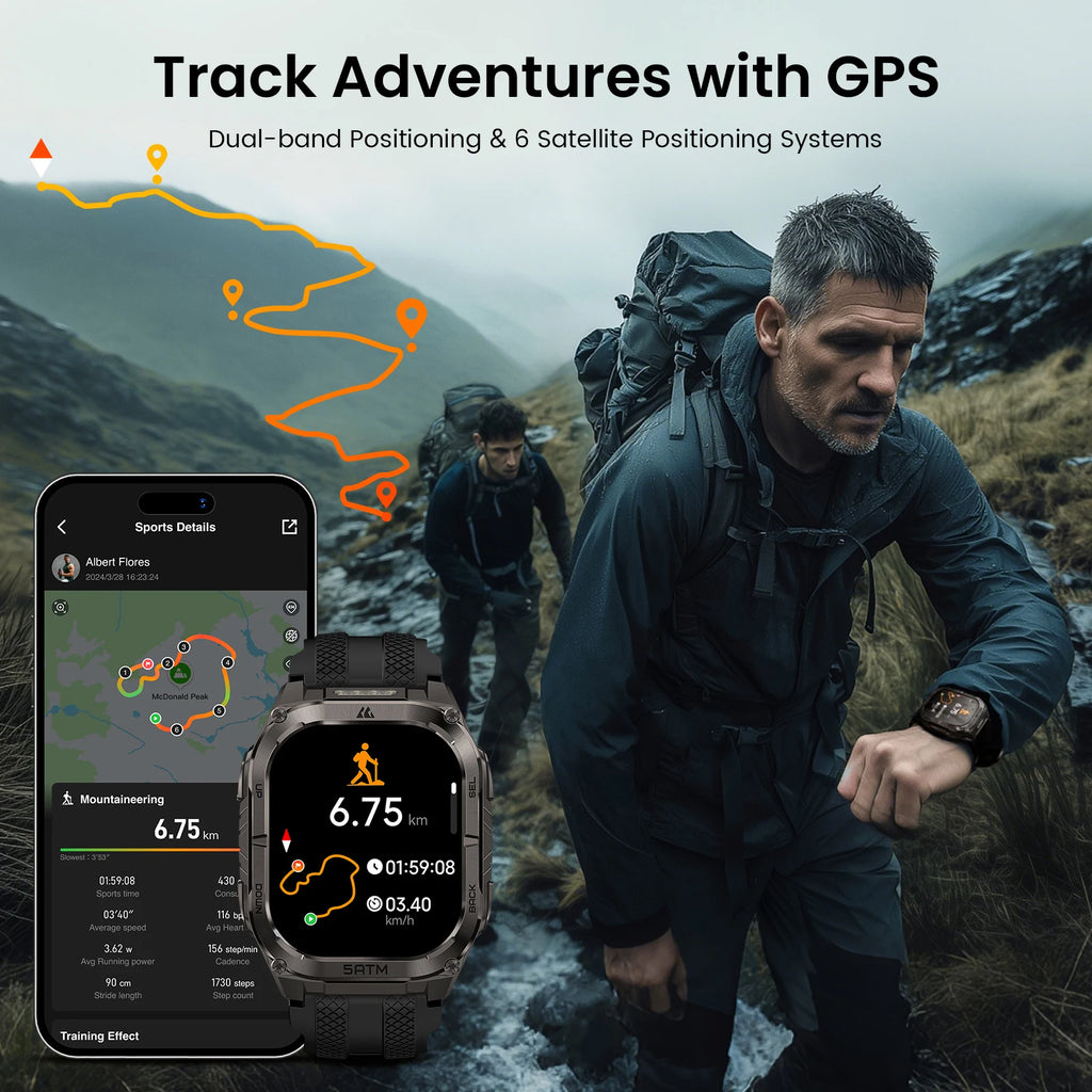 Advanced GPS Smartwatch for Men MIL-STD-810H Tough 5ATM Waterproof Integrated Flashlight & Health Tracking