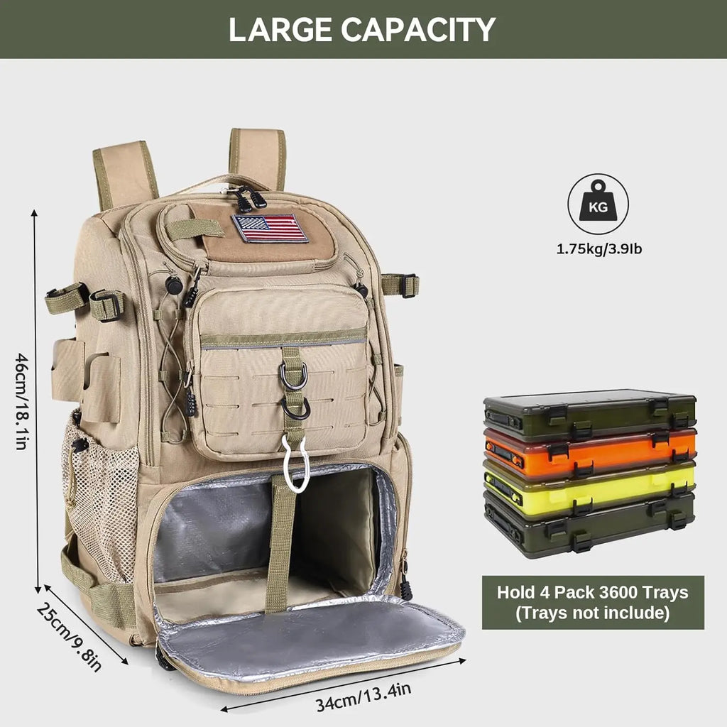 39L Fishing Tackle Backpack with Rod Holders & Cooler,Water-resistant,  Gear Storage Bag