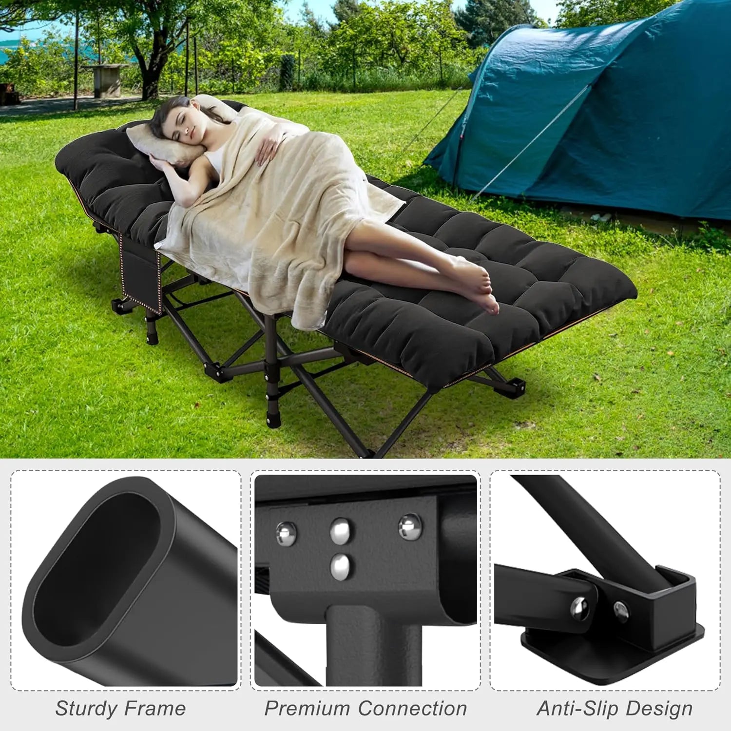 2PK XXL Camping Cot for Adults 900LBS  Oversized Folding Bed with Mattress Pad, Heavy Duty 1200D Oxford, Customized