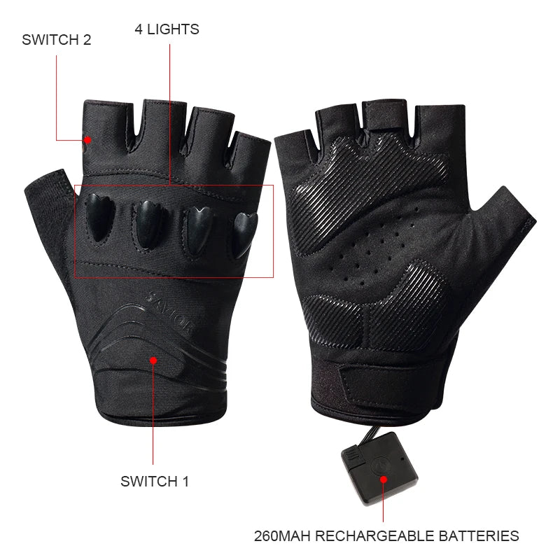 LED Gloves Mountain Hiking Cycling Fishing Outdoor Night Sports Anti Slip Lighting Touch Screen Half Finger Men Green