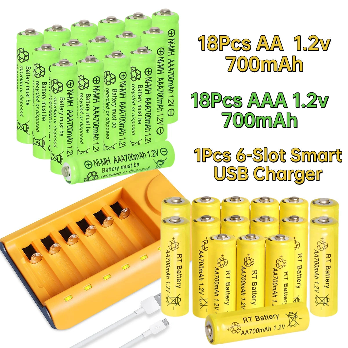30pcs/24pcs/18pcs/12pcs/6pcs AA AAA NiMh 1.2V 700mah Rechargeable Battery Set with 6 Slot Charger