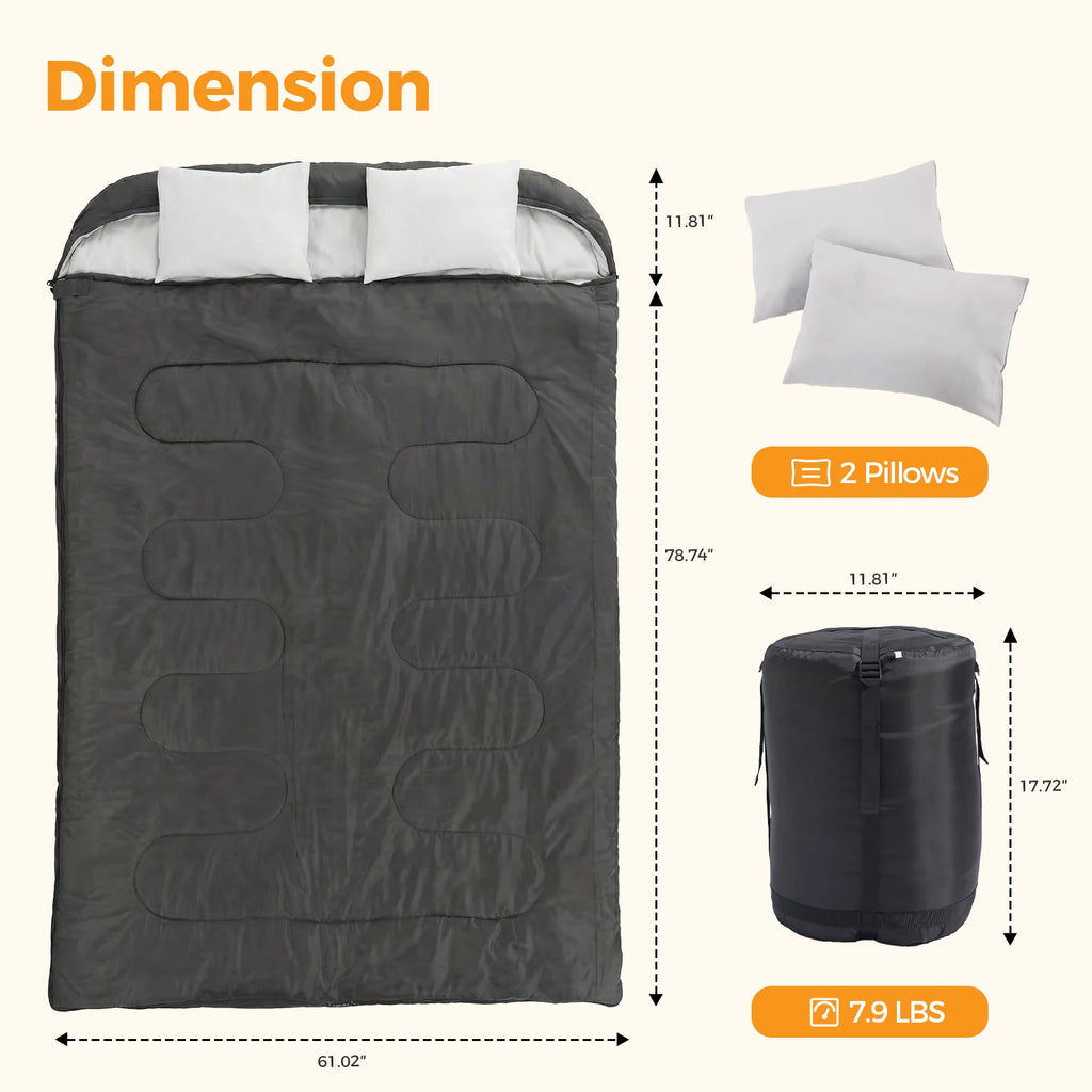 Double Sleeping Bag for Adults with Pillow Lightweight 3 Season Portable Compact Sleeping Bag for 2 Person Hiking Fishing