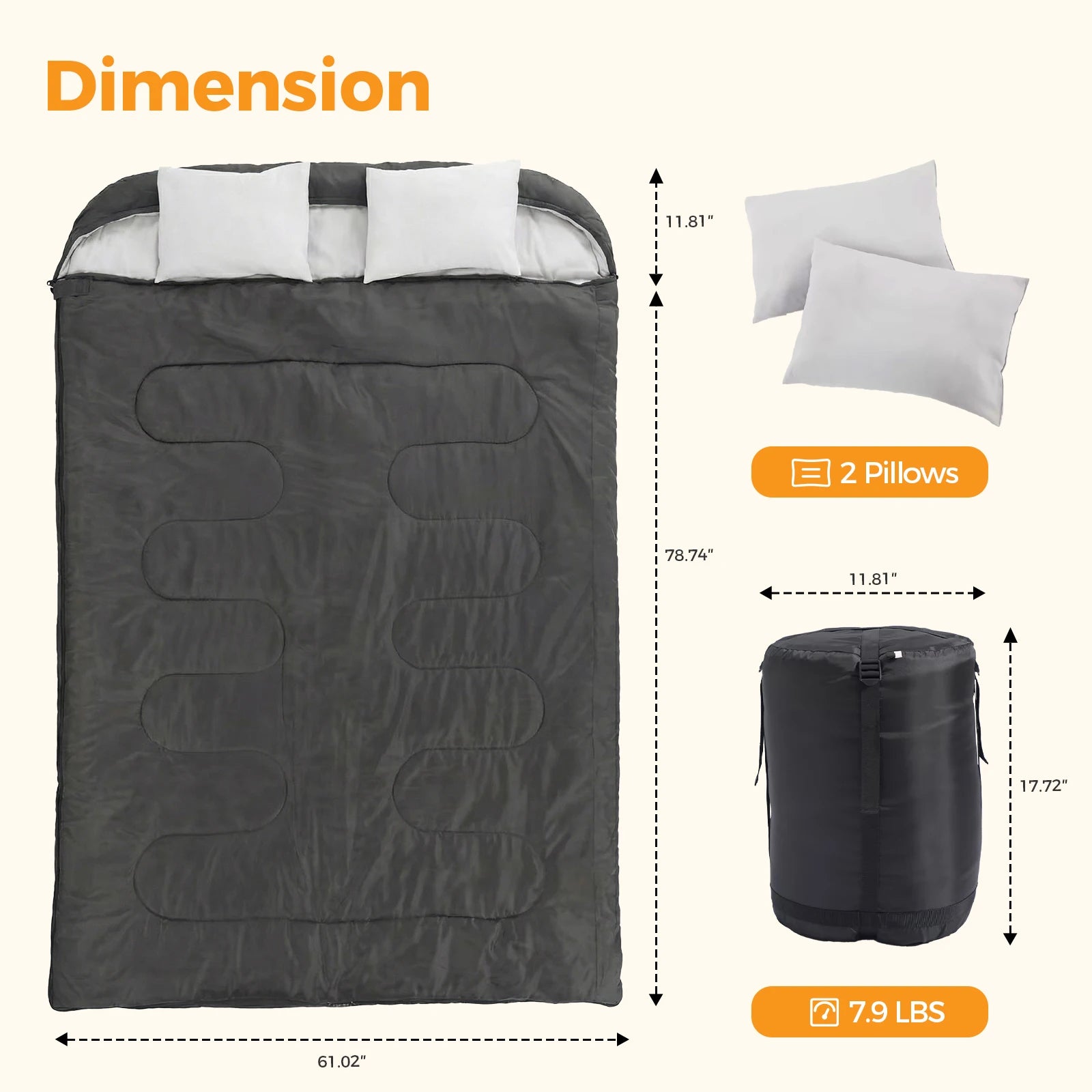Double Sleeping Bag for Adults with Pillow Lightweight 3 Season Portable Compact Sleeping Bag for 2 Person Hiking Fishing