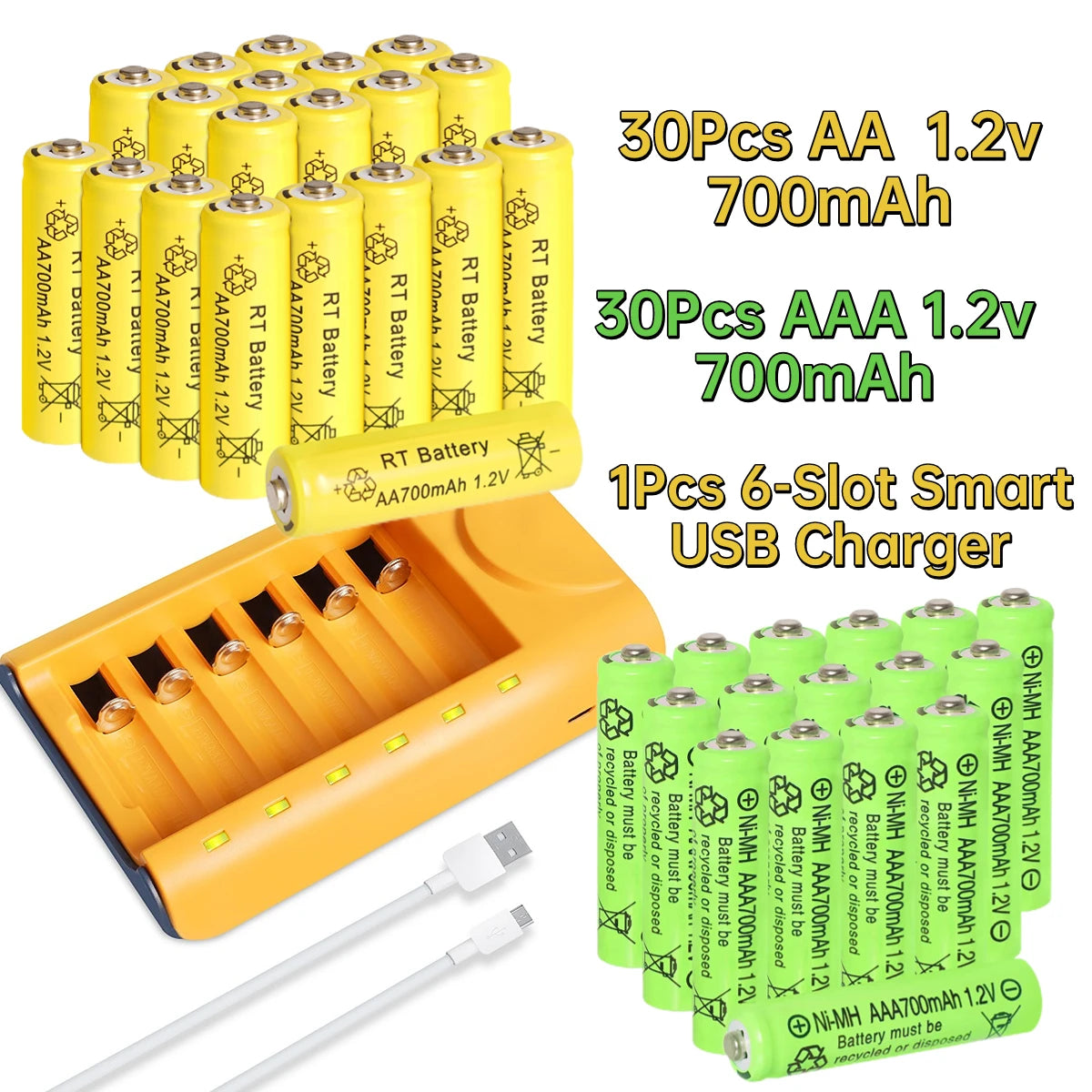 30pcs/24pcs/18pcs/12pcs/6pcs AA AAA NiMh 1.2V 700mah Rechargeable Battery Set with 6 Slot Charger