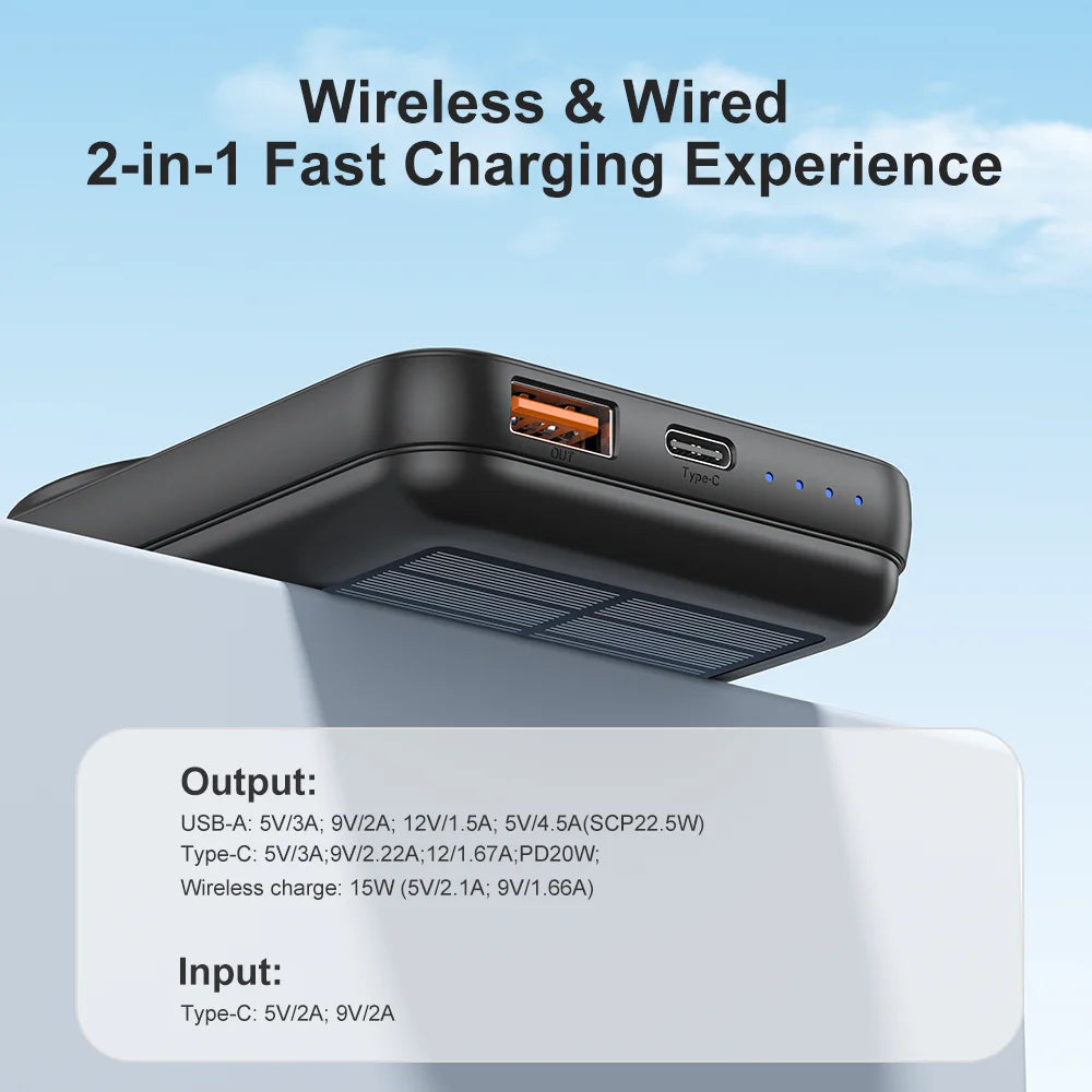 Solar Power Bank 10000mAh-15W WirelessCharging & 20W PD Fast Charge | Portable Solar Charger for iPhone 16/15/14/13/12