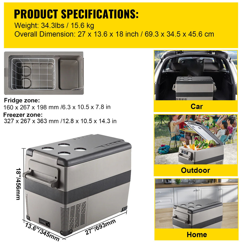 Portable Car Refrigerator, Mini Fridge With Freezer, With Built In Compressor Uses DC OR 110-240V, For Camping