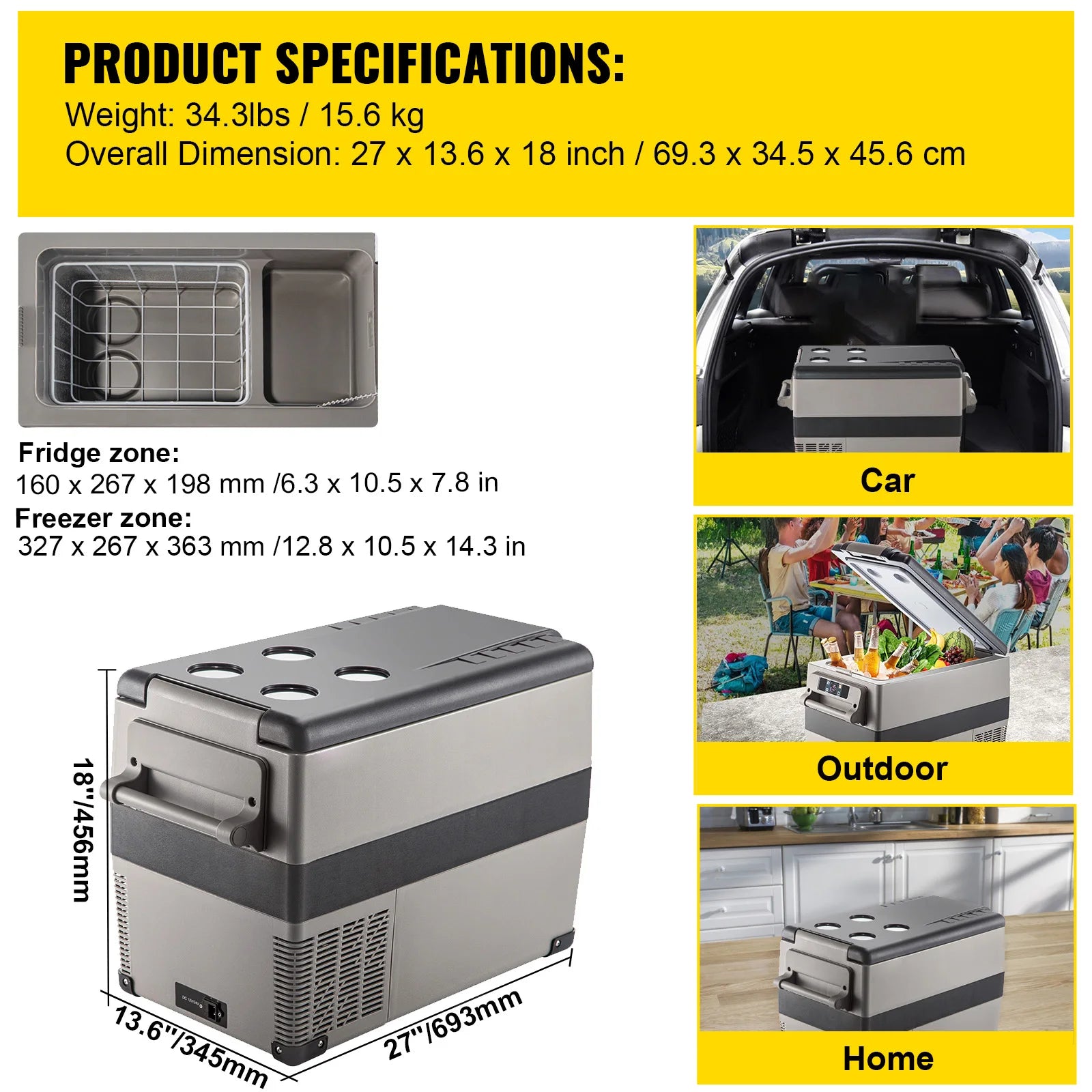 Portable Car Refrigerator, Mini Fridge With Freezer, With Built In Compressor Uses DC OR 110-240V, For Camping