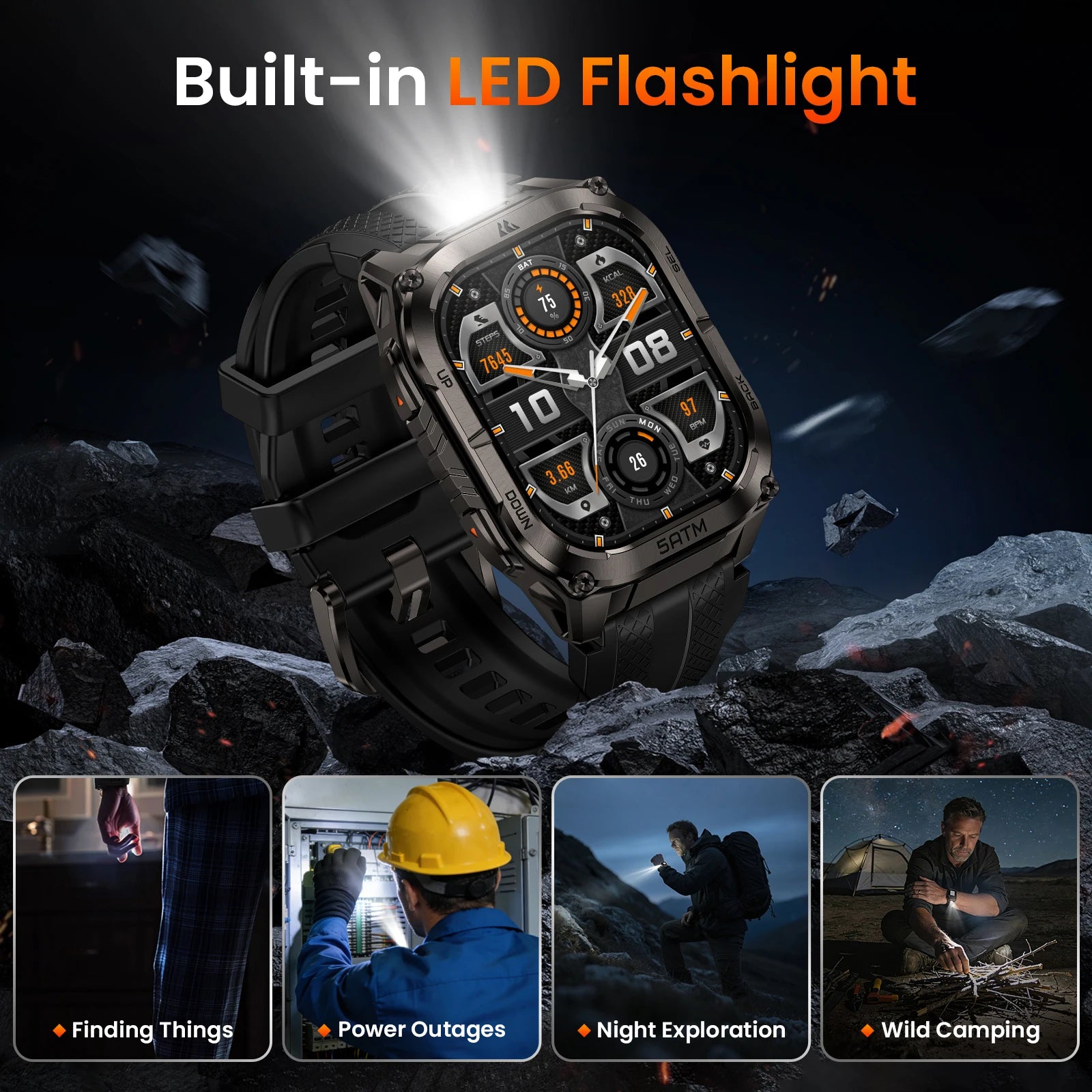 Rugged Smartwatch for Men Military-Grade GPS Watch with Flashlight 5ATM Waterproof Health & Fitness Tracker
