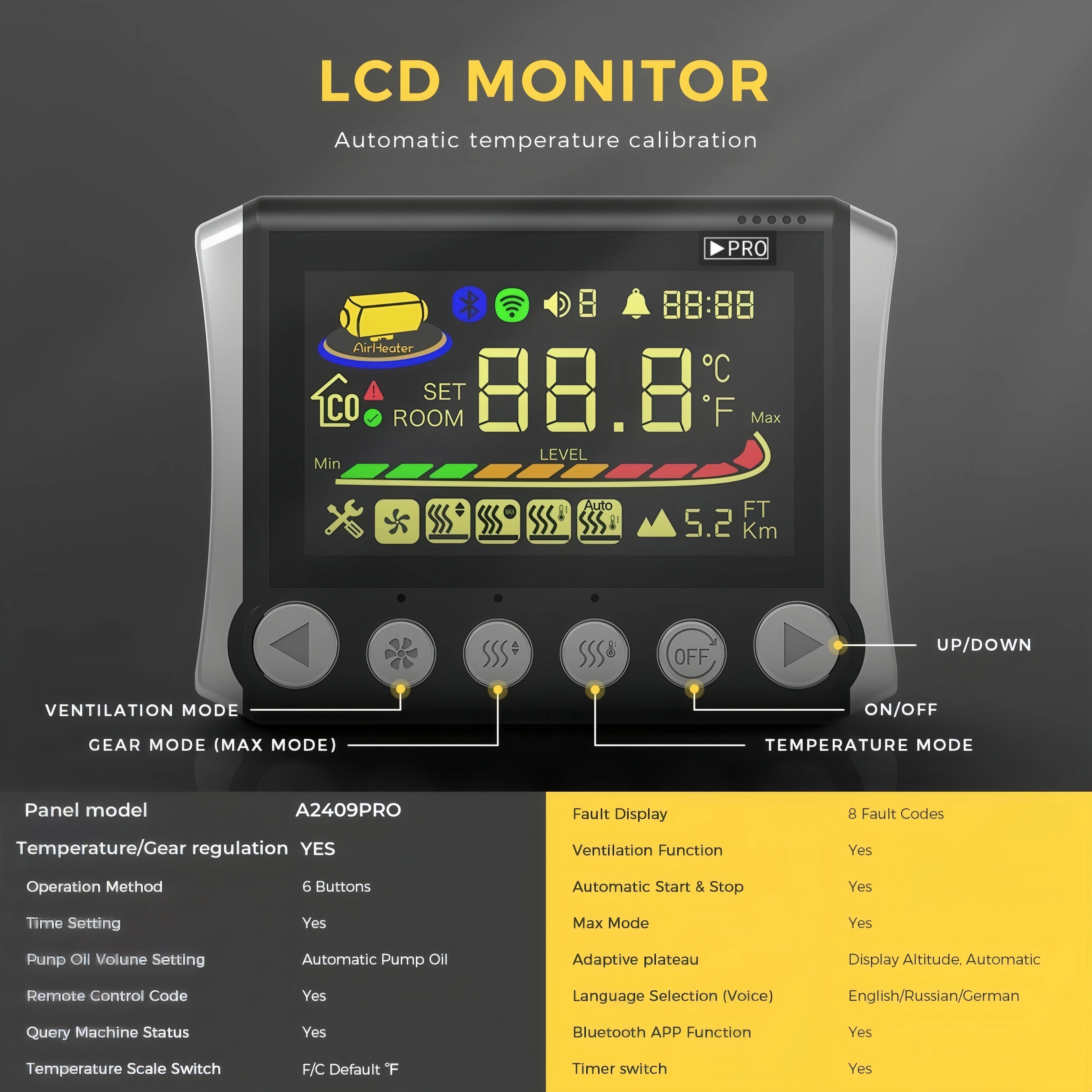 8KW Bluetooth APP Control Diesel Air Heater 12V/24V/220V Car OR Camp Heater With CO Monitor/LCD/Remote Control