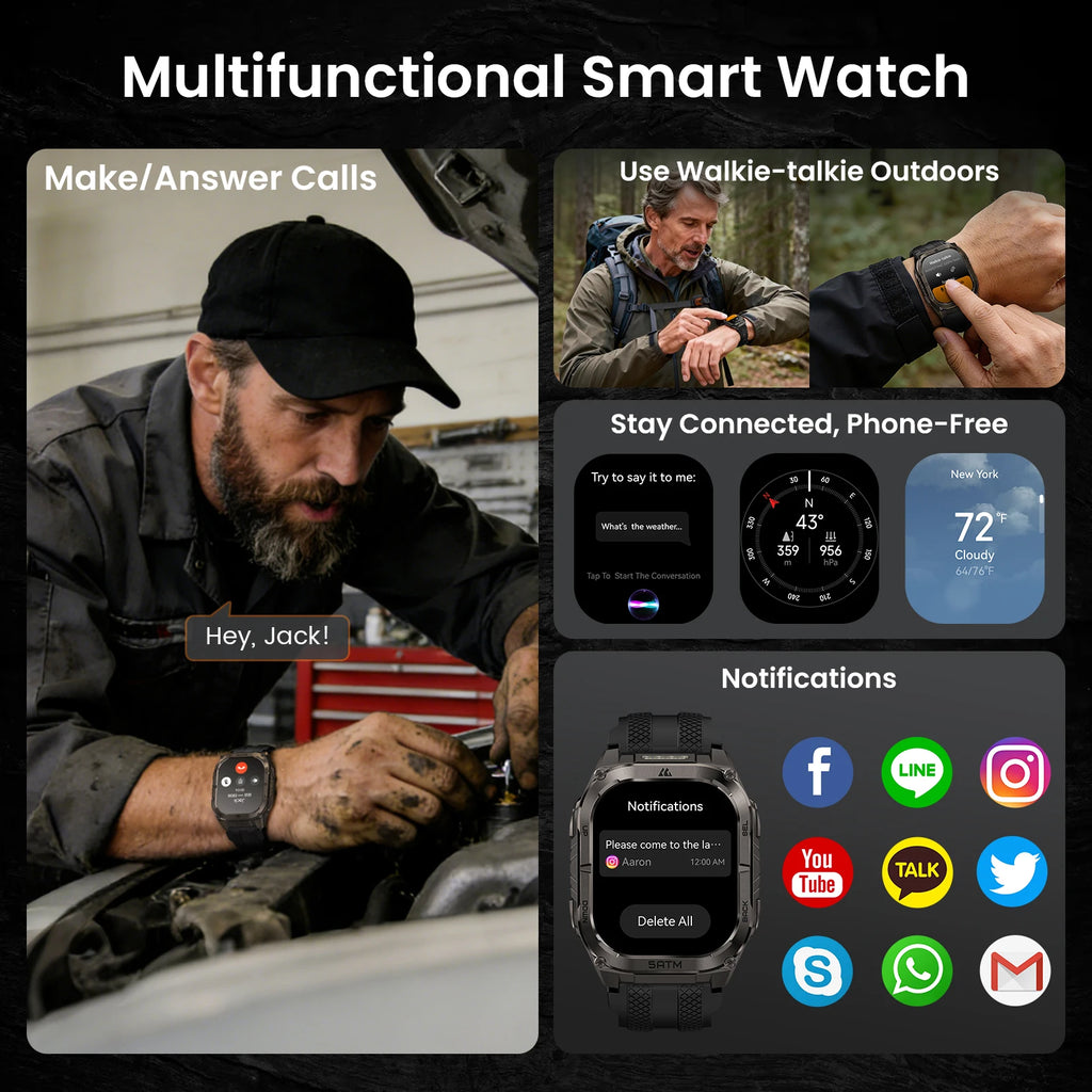Rugged Smartwatch for Men Military-Grade GPS Watch with Flashlight 5ATM Waterproof Health & Fitness Tracker
