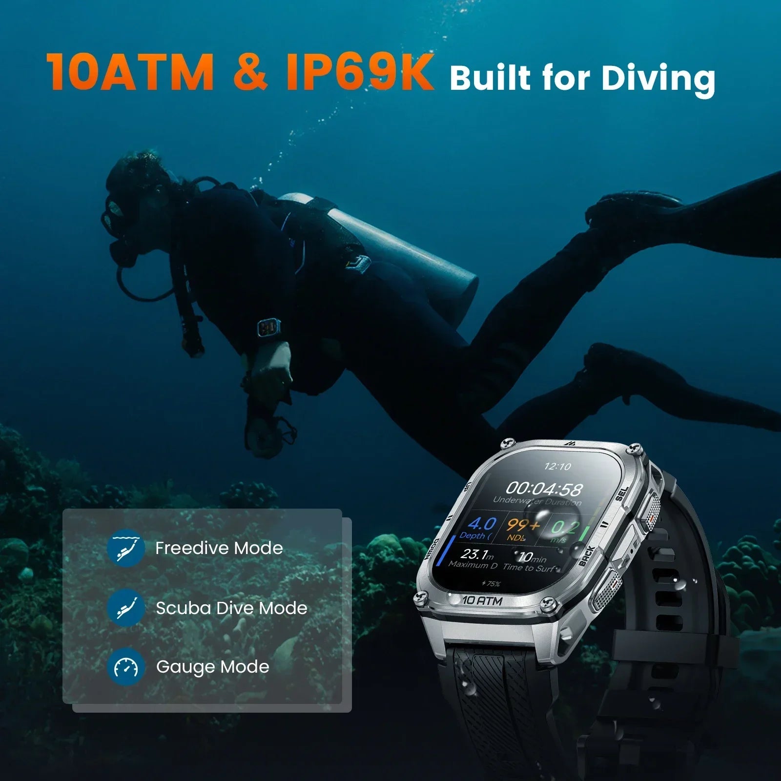 Smart Watch Stainless Steel 6-Sat GPS Offline Maps 10ATM Waterproof 45M Dive 24/7 Health Monitor for Android iOS