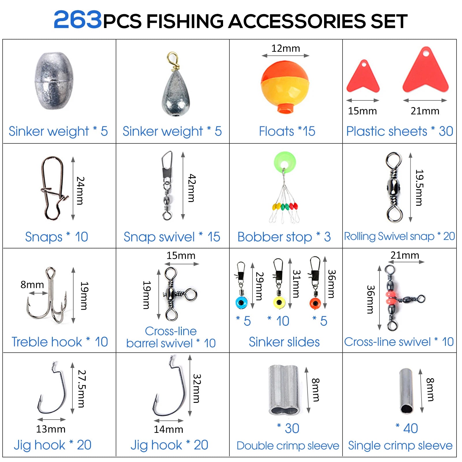 263pcs Fishing Accessories Set with Tackle Box. Includes Pliers, Jigs, Hooks, Sinker Weights, Swivels, Snaps, Bobs, And  Sinker Slides