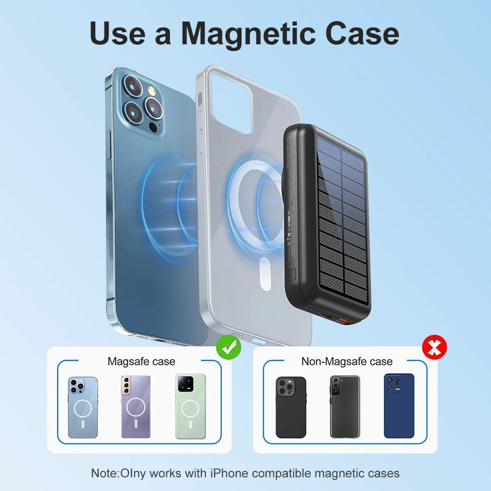 Solar Power Bank 10000mAh-15W WirelessCharging & 20W PD Fast Charge | Portable Solar Charger for iPhone 16/15/14/13/12