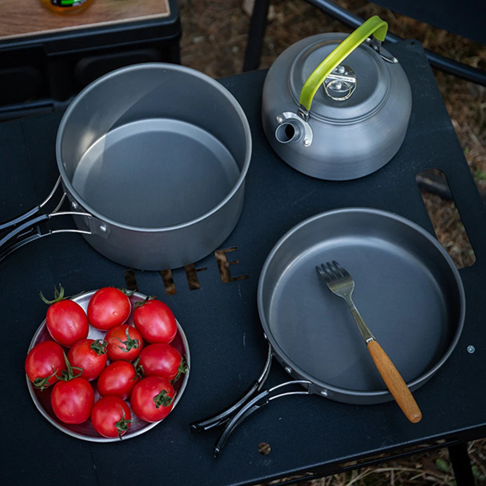 3PCS Cookware Set Pot Pan Kettle Set Portable Cooker Set For 2-3 Person With Mesh Bag For Camping Backpacking Outdoor Picnic