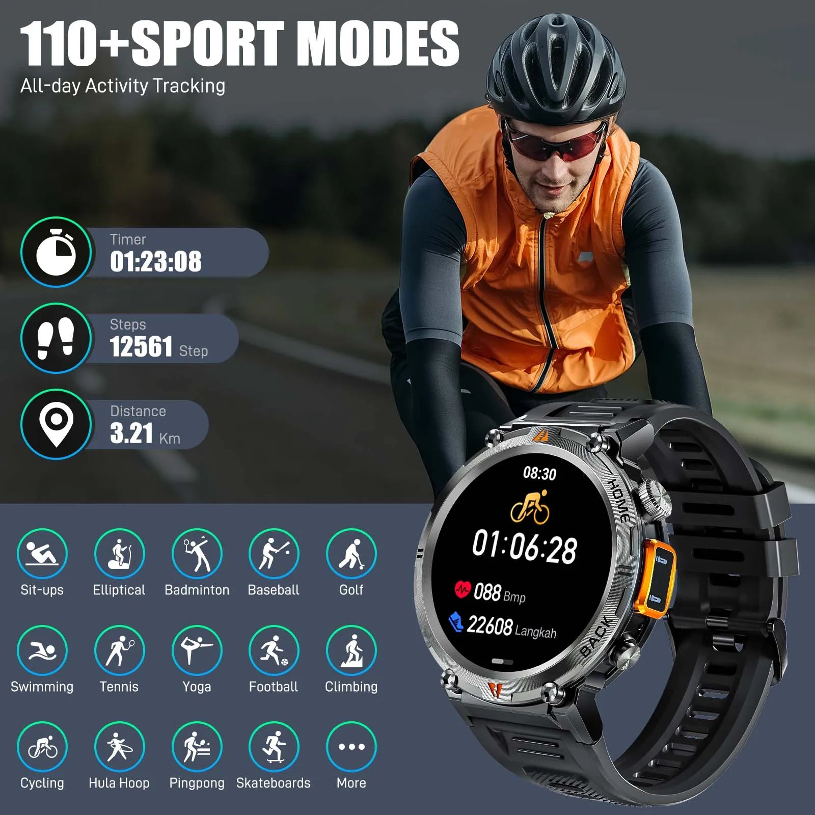 Smart Watch For Men With Bluetooth Calling & Full Touch Screen, Has Health Monitor For Heart Rate And Has Flashlight