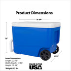 Wheelie Cool 38 QT Hard Sided Cooler with Wheels, Blue