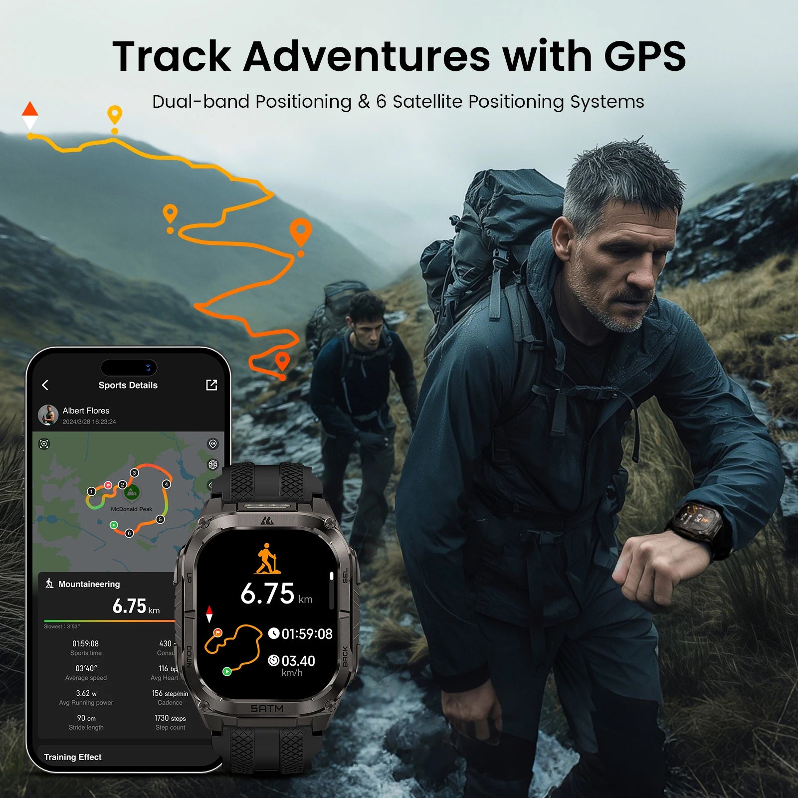 Rugged Smartwatch for Men Military-Grade GPS Watch with Flashlight 5ATM Waterproof Health & Fitness Tracker