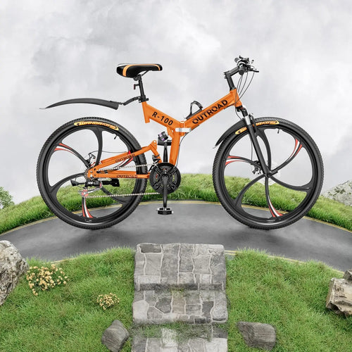 26 Inch Folding Mountain Bike, 21 Speed Full Suspension High-Carbon Steel MTB Foldable Bicycle, Dual Disc, Customized