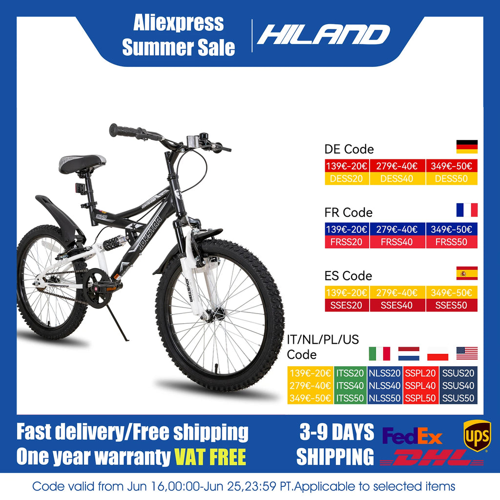 20 Inch Kids' Bike for Kids Ages 5-13 Years Old, Dual-Suspension Kids Mountain Bike