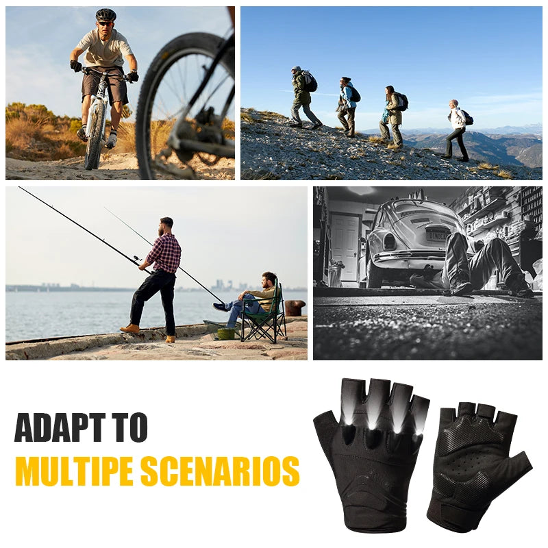 LED Gloves Mountain Hiking Cycling Fishing Outdoor Night Sports Anti Slip Lighting Touch Screen Half Finger Men Green