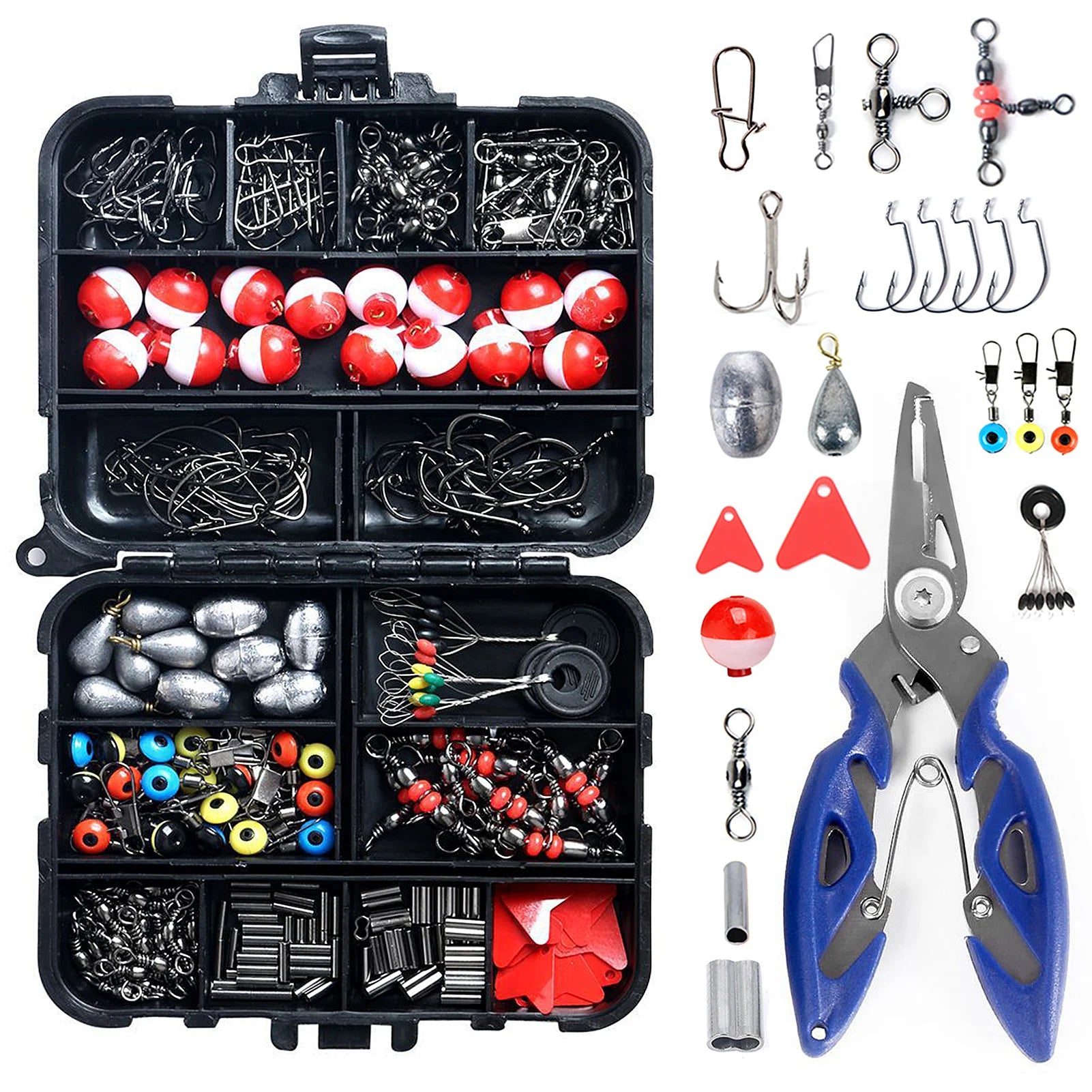 263pcs Fishing Accessories Set with Tackle Box. Includes Pliers, Jigs, Hooks, Sinker Weights, Swivels, Snaps, Bobs, And  Sinker Slides