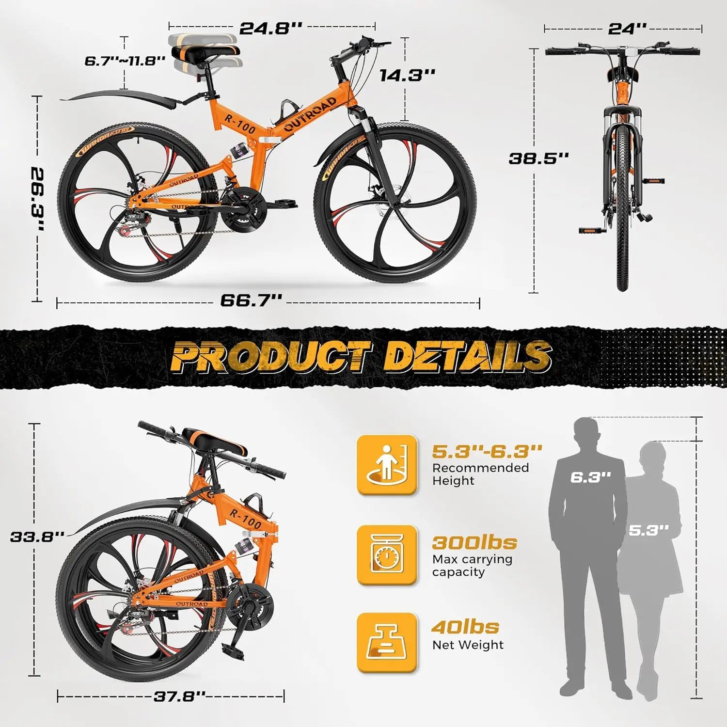 26 Inch Folding Mountain Bike, 21 Speed Full Suspension High-Carbon Steel MTB Foldable Bicycle, Dual Disc, Customized