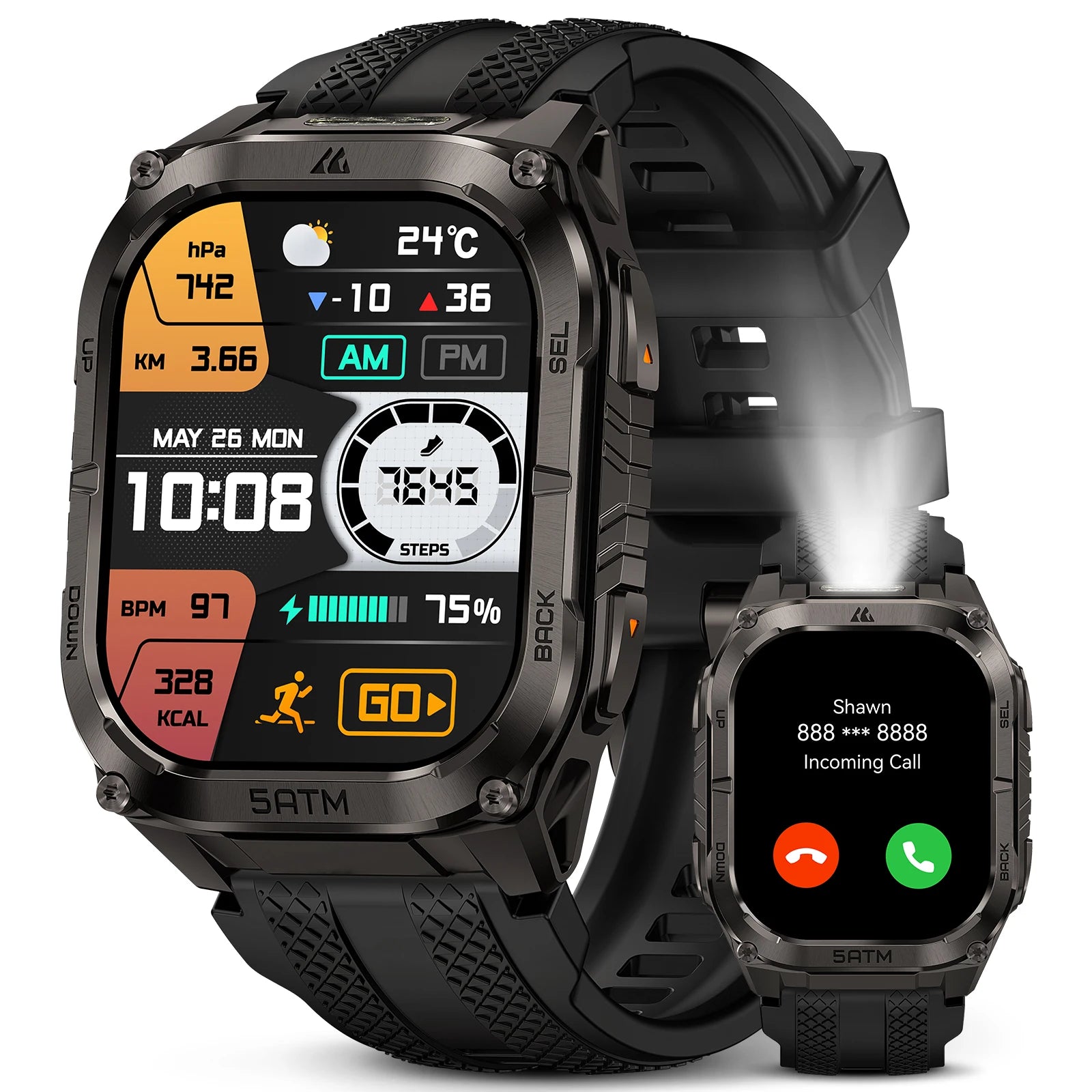 Advanced GPS Smartwatch for Men MIL-STD-810H Tough 5ATM Waterproof Integrated Flashlight & Health Tracking