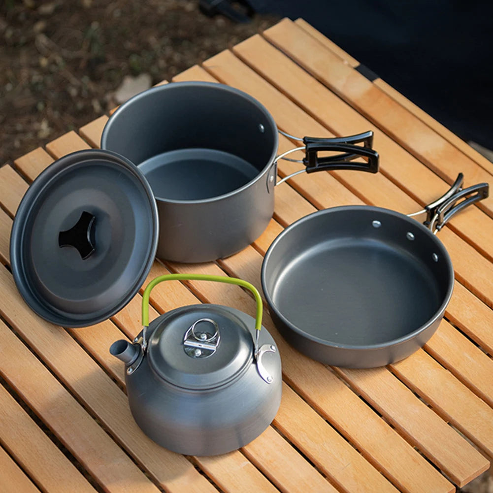 3PCS Cookware Set Pot Pan Kettle Set Portable Cooker Set For 2-3 Person With Mesh Bag For Camping Backpacking Outdoor Picnic