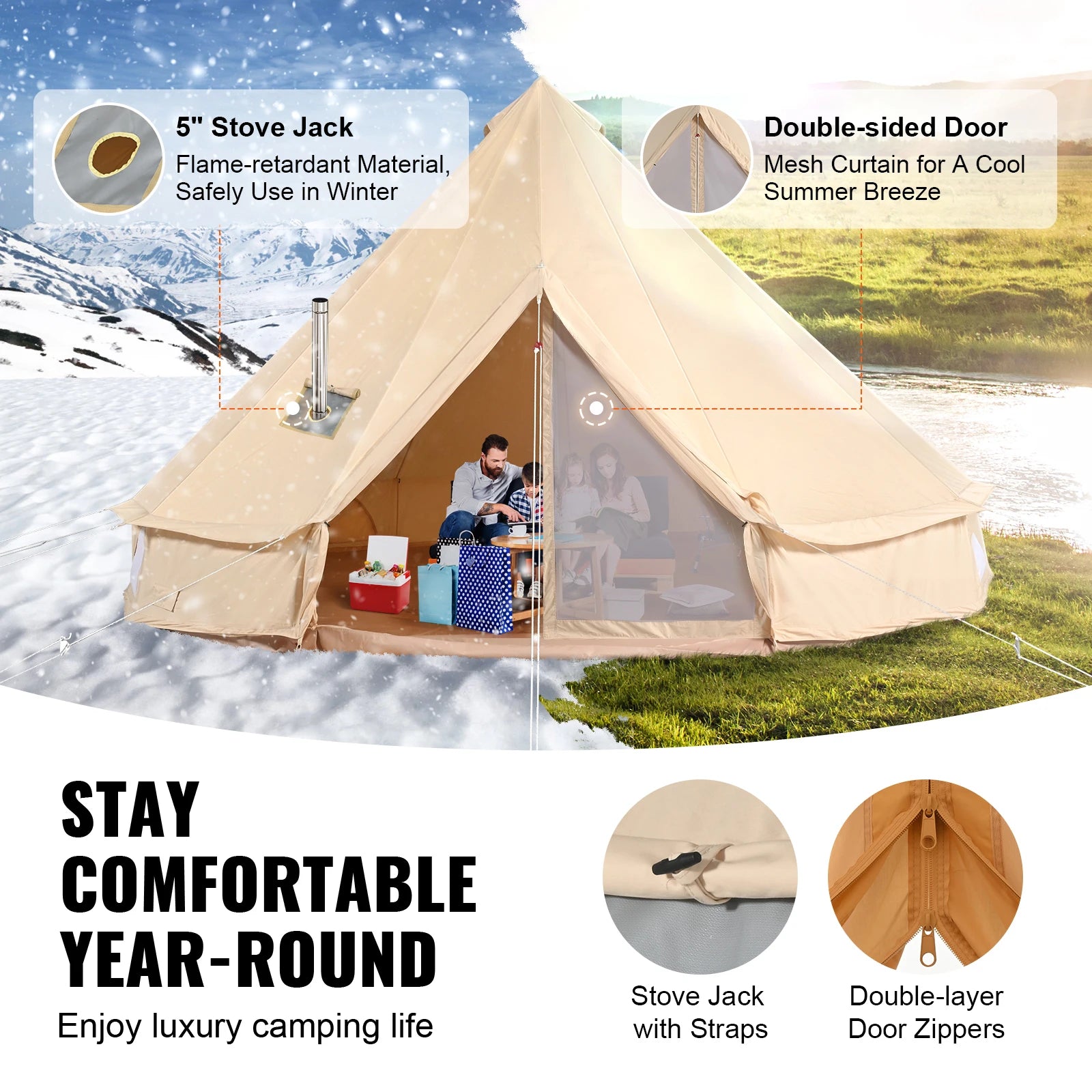 Canvas Bell Tent 4 Seasons 5m Yurt Tent Canvas Tent for Camping with Stove Breathable Tent Holds up to 8 People