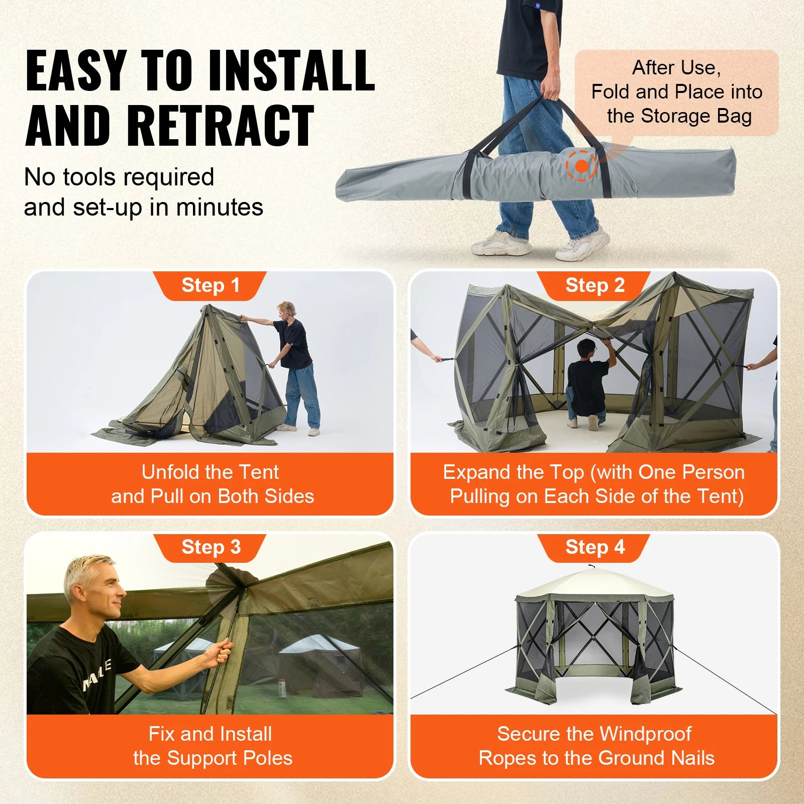 Pop Up Gazebo Tent Pop-Up Screen Tent 6 Sided Canopy Sun Shelter with 6 Removable Privacy Wind Cloths & Mesh Windows