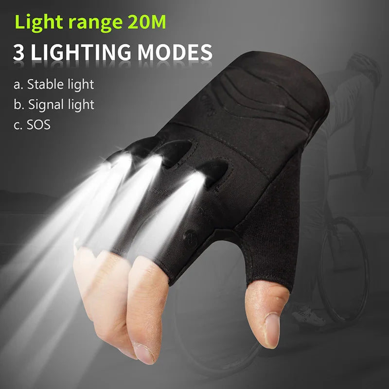 LED Gloves Mountain Hiking Cycling Fishing Outdoor Night Sports Anti Slip Lighting Touch Screen Half Finger Men Green