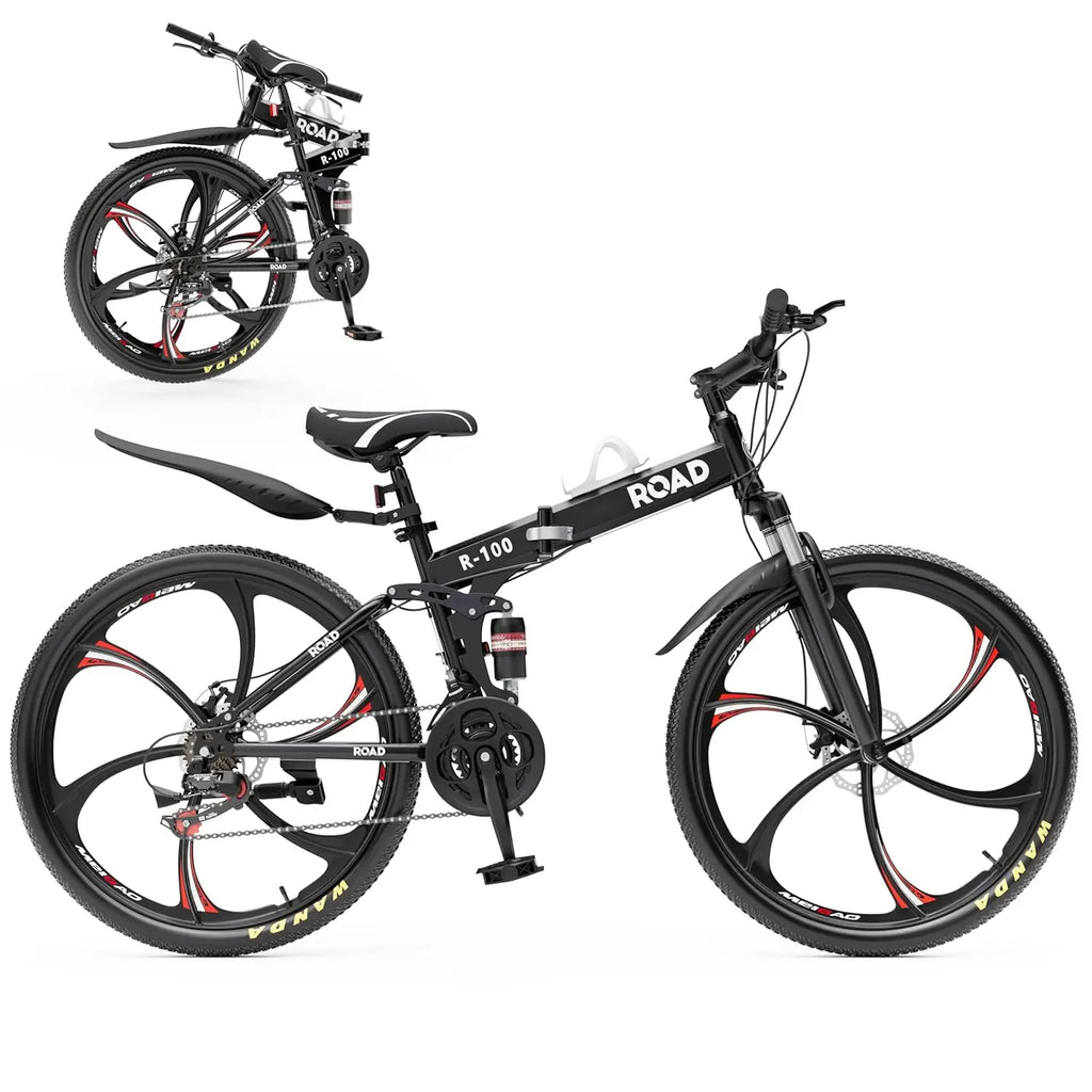 26 Inch Folding Mountain Bike, 21 Speed Full Suspension High-Carbon Steel MTB Foldable Bicycle, Dual Disc, Customized