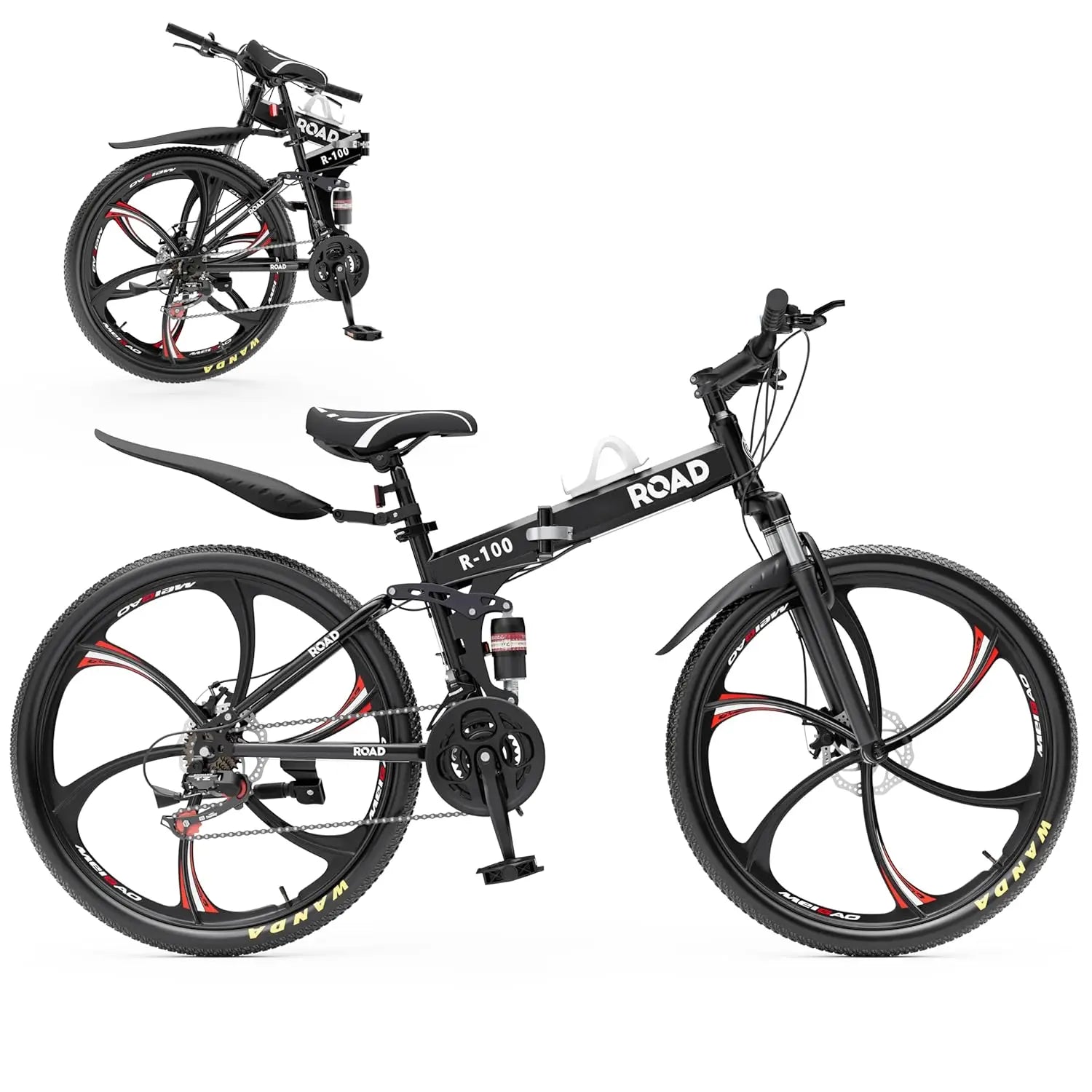 26 Inch Folding Mountain Bike, 21 Speed Full Suspension High-Carbon Steel MTB Foldable Bicycle, Dual Disc, Customized