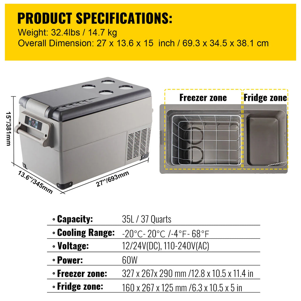 Portable Car Refrigerator, Mini Fridge With Freezer, With Built In Compressor Uses DC OR 110-240V, For Camping