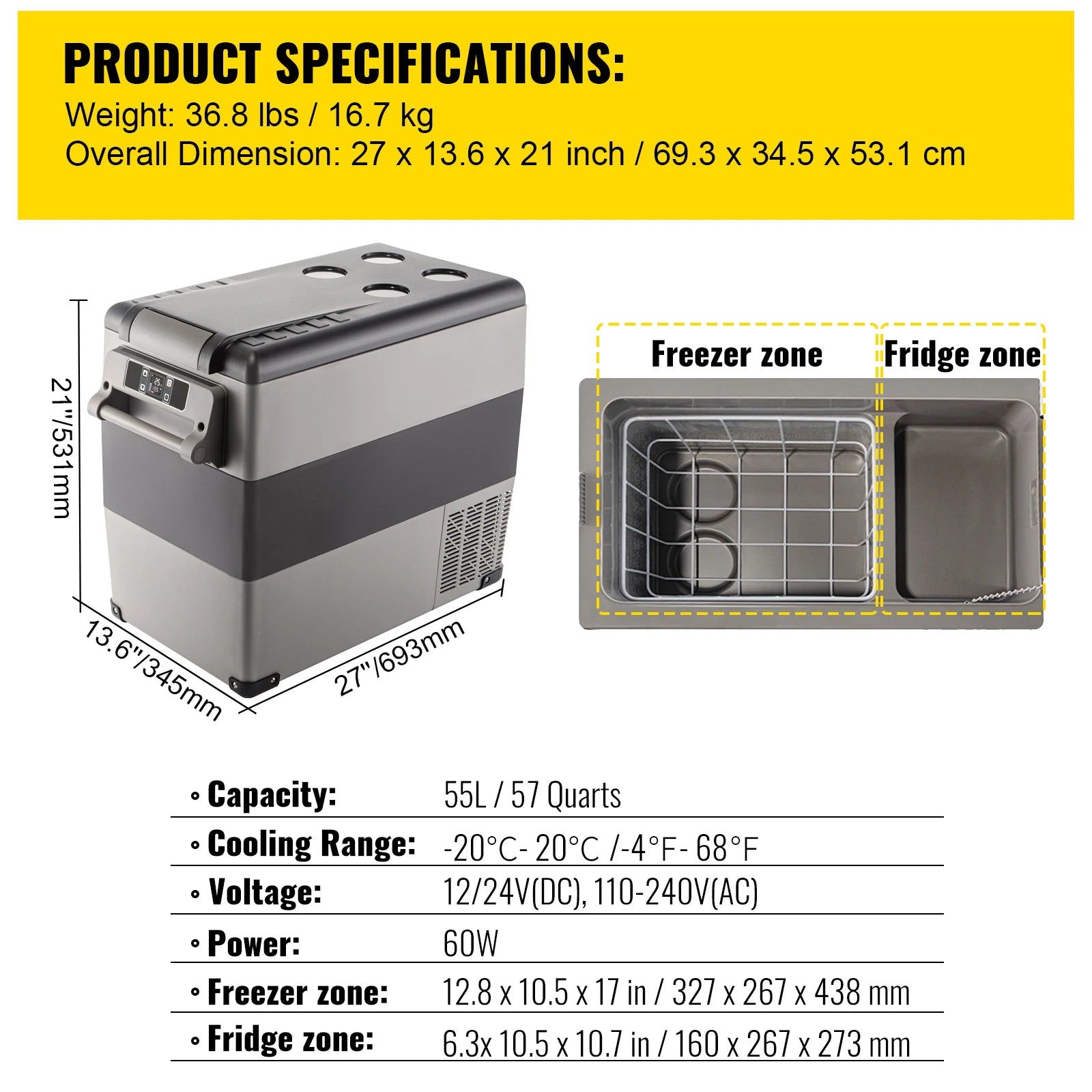 Portable Car Refrigerator, Mini Fridge With Freezer, With Built In Compressor Uses DC OR 110-240V, For Camping
